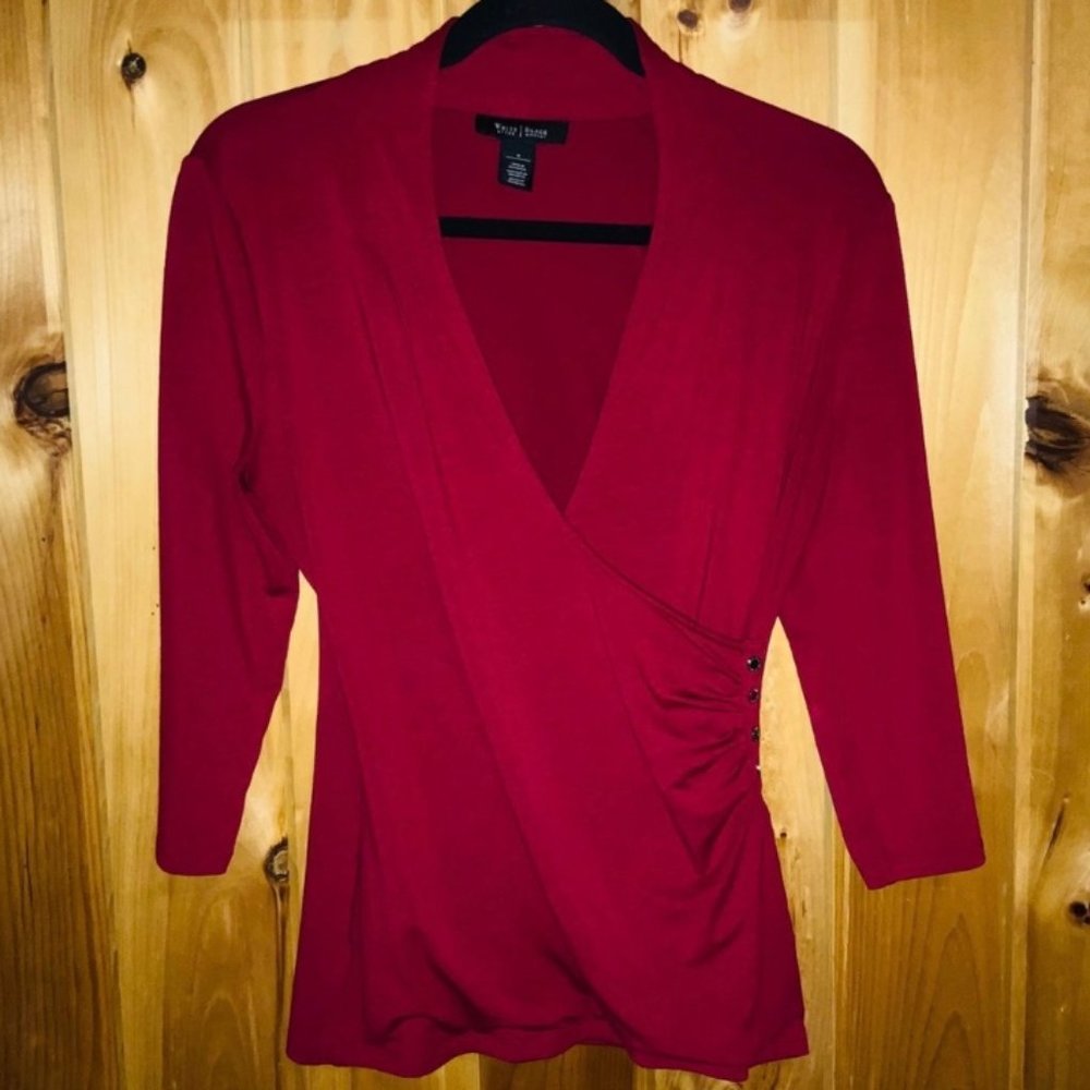 WHBM Deep Red 3/4 Sleeve Faux Wrap Top - Small